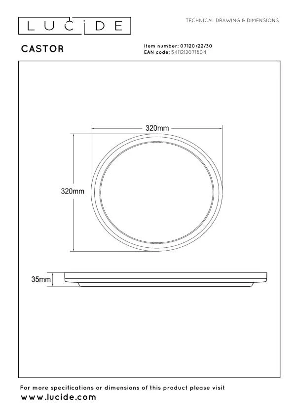 Lucide CASTOR - Deckenleuchte Innen/Außen - Ø 32 cm - LED Dim. - CCT - 1x20W 2700K/6500K - IP44 - Rgb - Opal - technisch